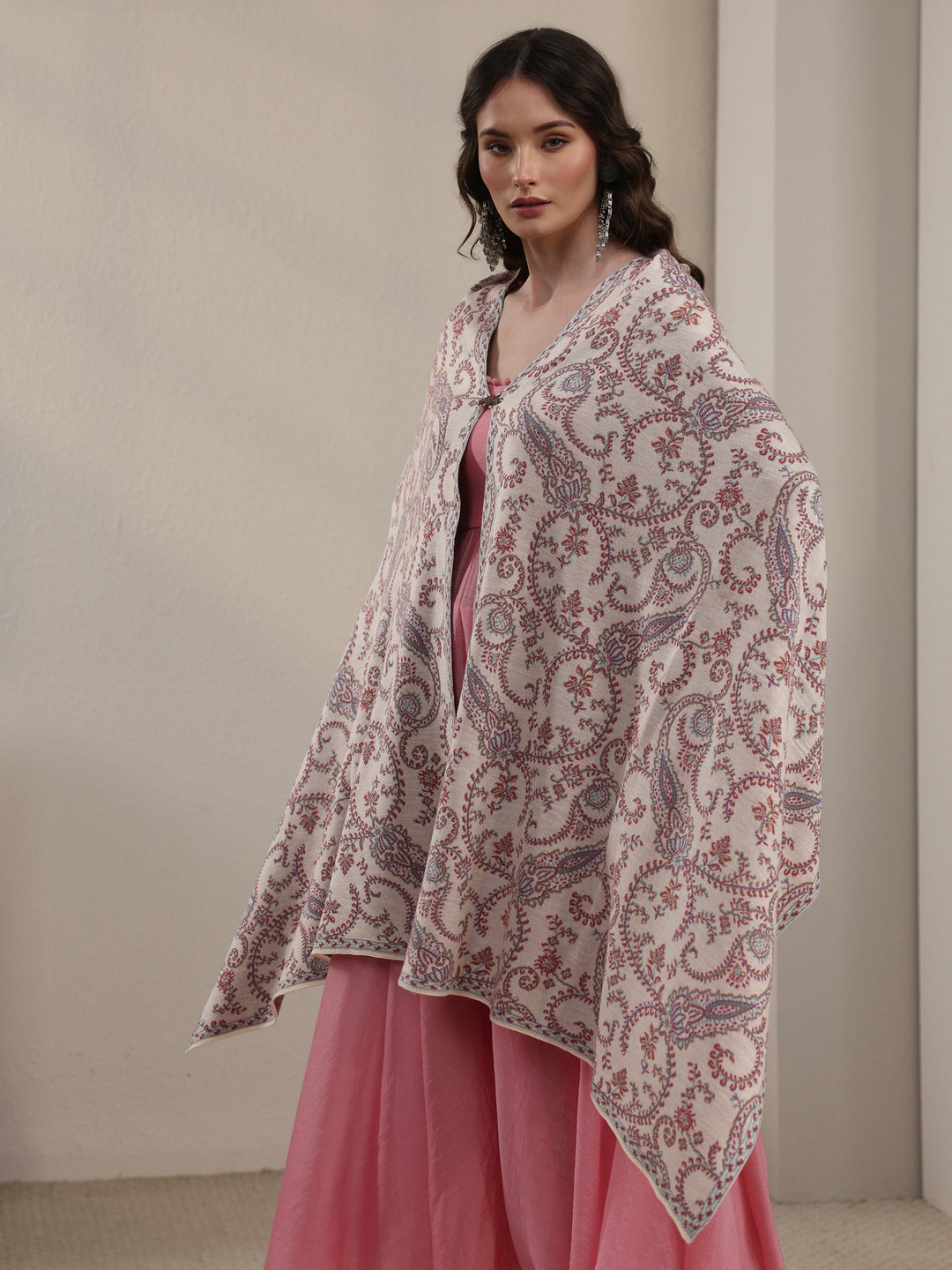 Libas Off White Paisley Knitted Acrylic Wrap Shawl