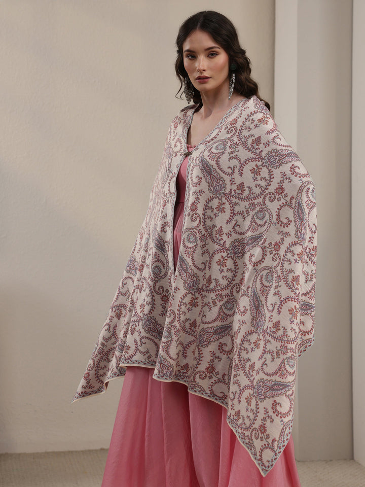 Libas Off White Paisley Knitted Acrylic Wrap Shawl