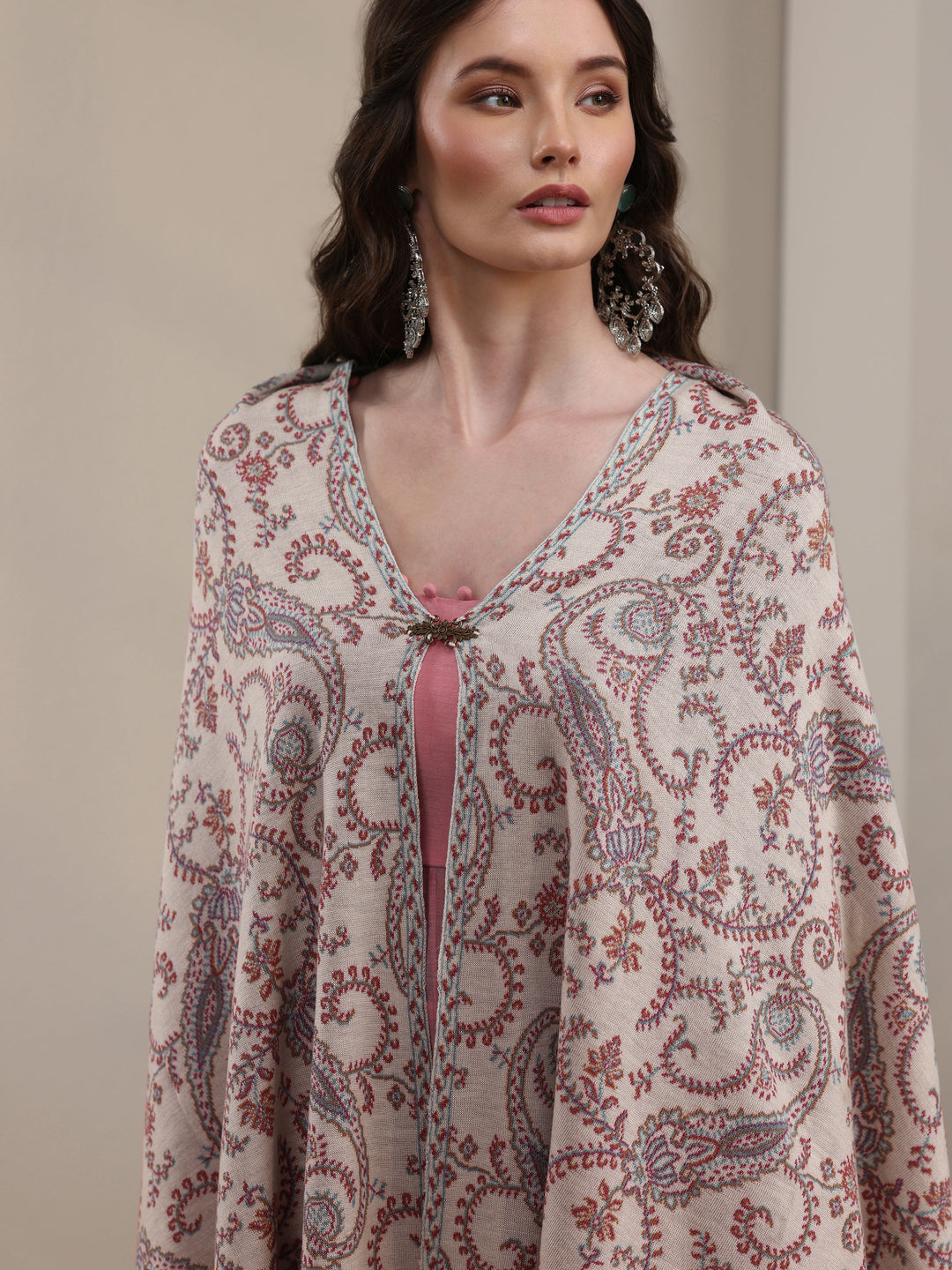 Libas Off White Paisley Knitted Acrylic Wrap Shawl