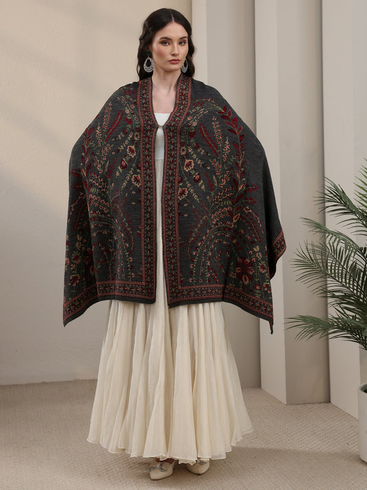 Libas Dark Grey Floral Knitted Acrylic Wrap Shawl