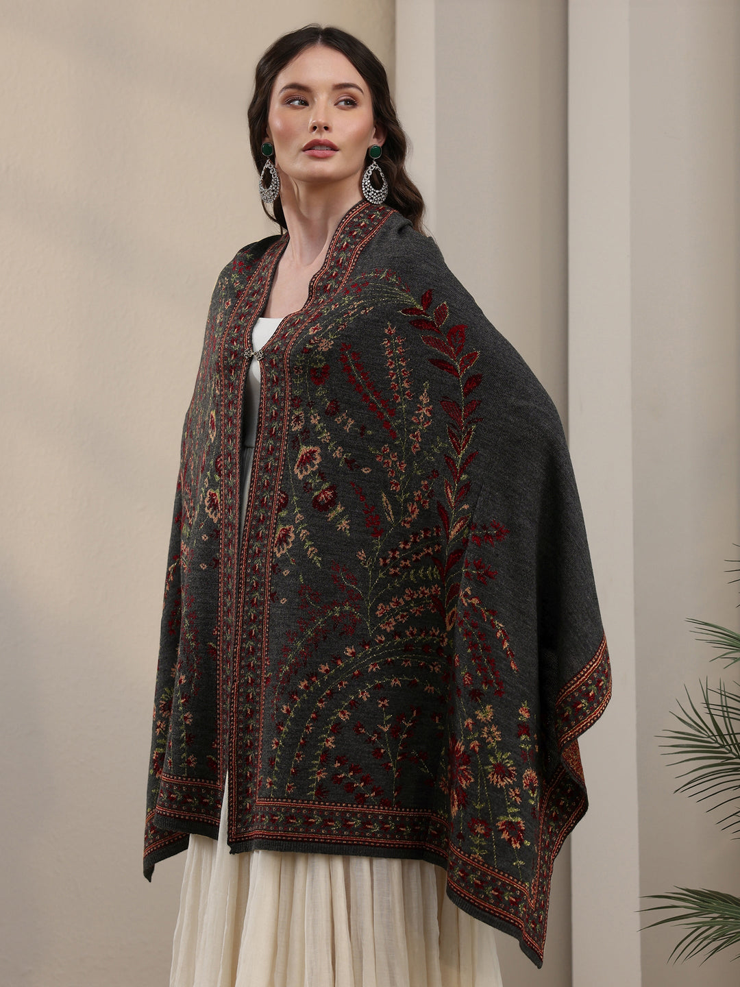 Libas Dark Grey Floral Knitted Acrylic Wrap Shawl