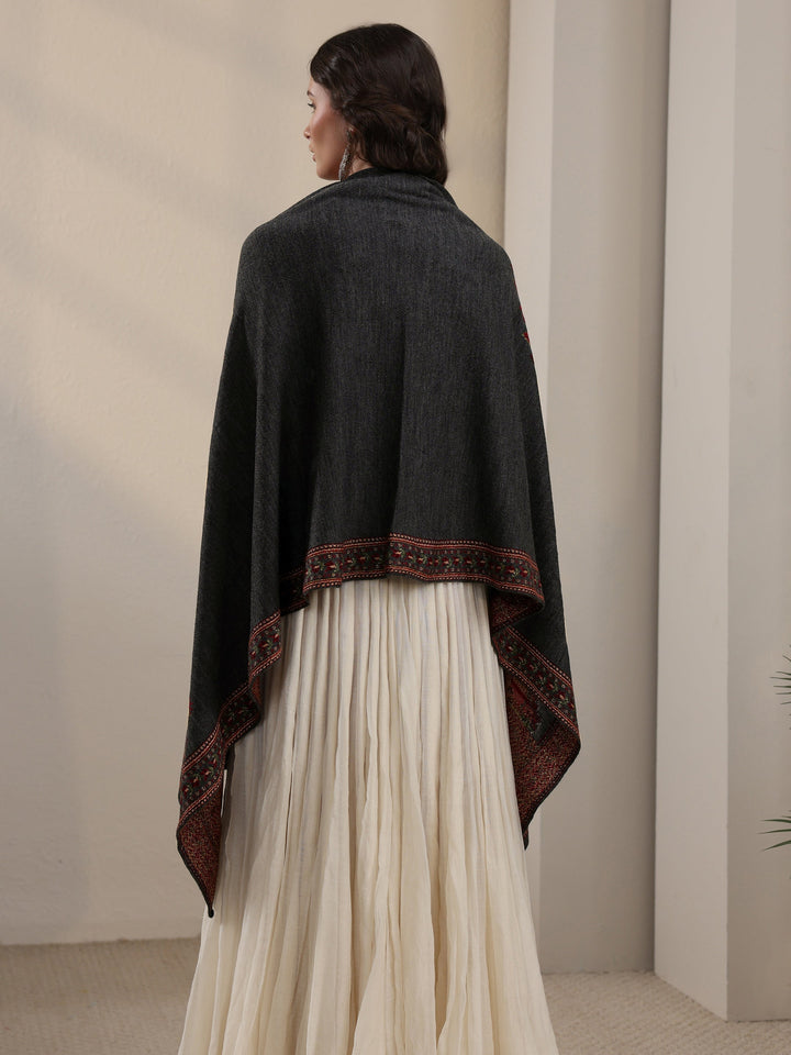 Libas Dark Grey Floral Knitted Acrylic Wrap Shawl