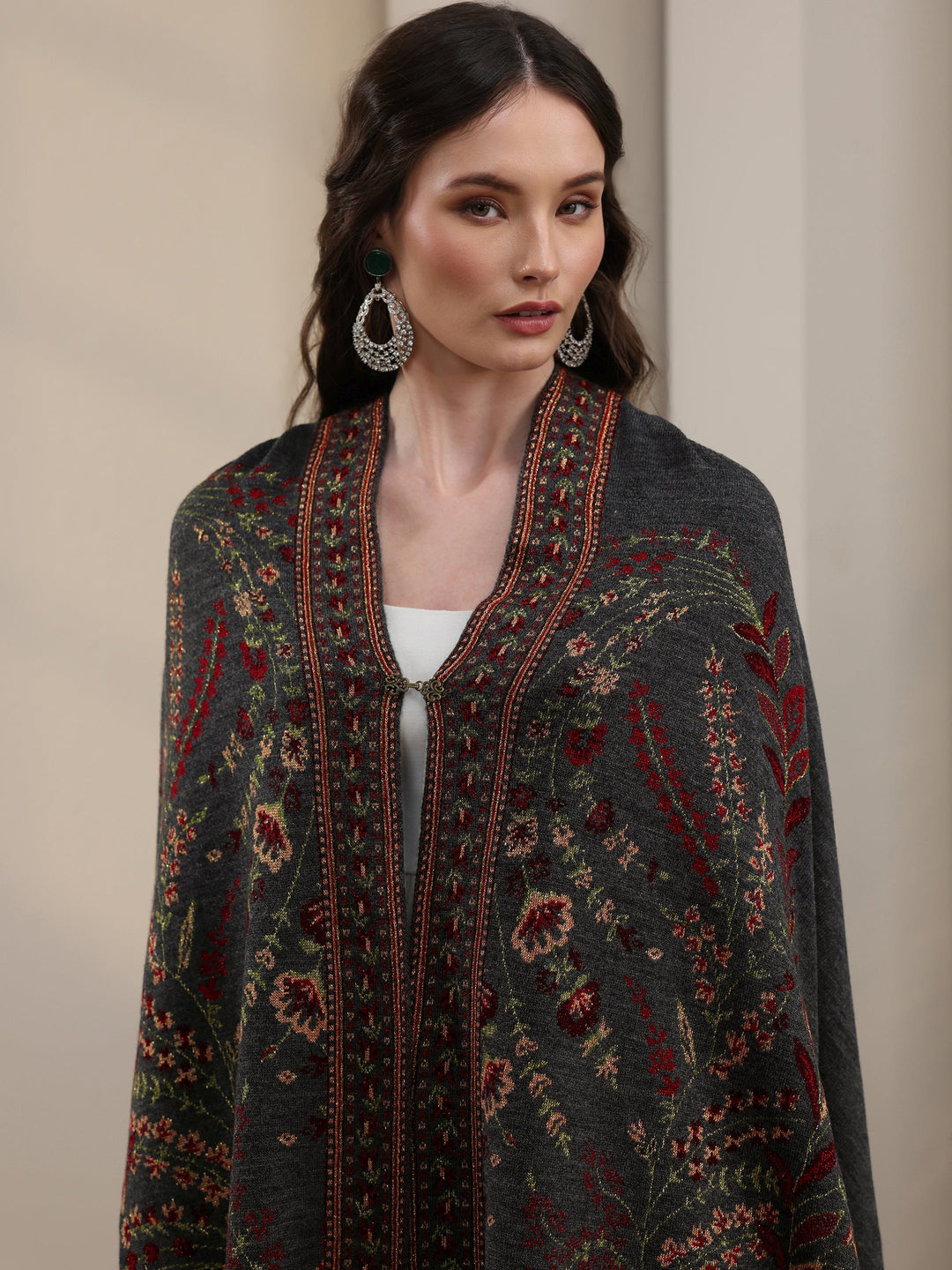 Libas Dark Grey Floral Knitted Acrylic Wrap Shawl
