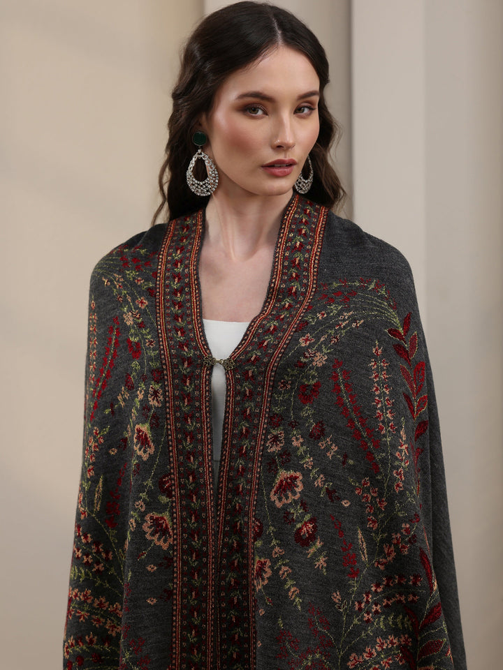 Libas Dark Grey Floral Knitted Acrylic Wrap Shawl