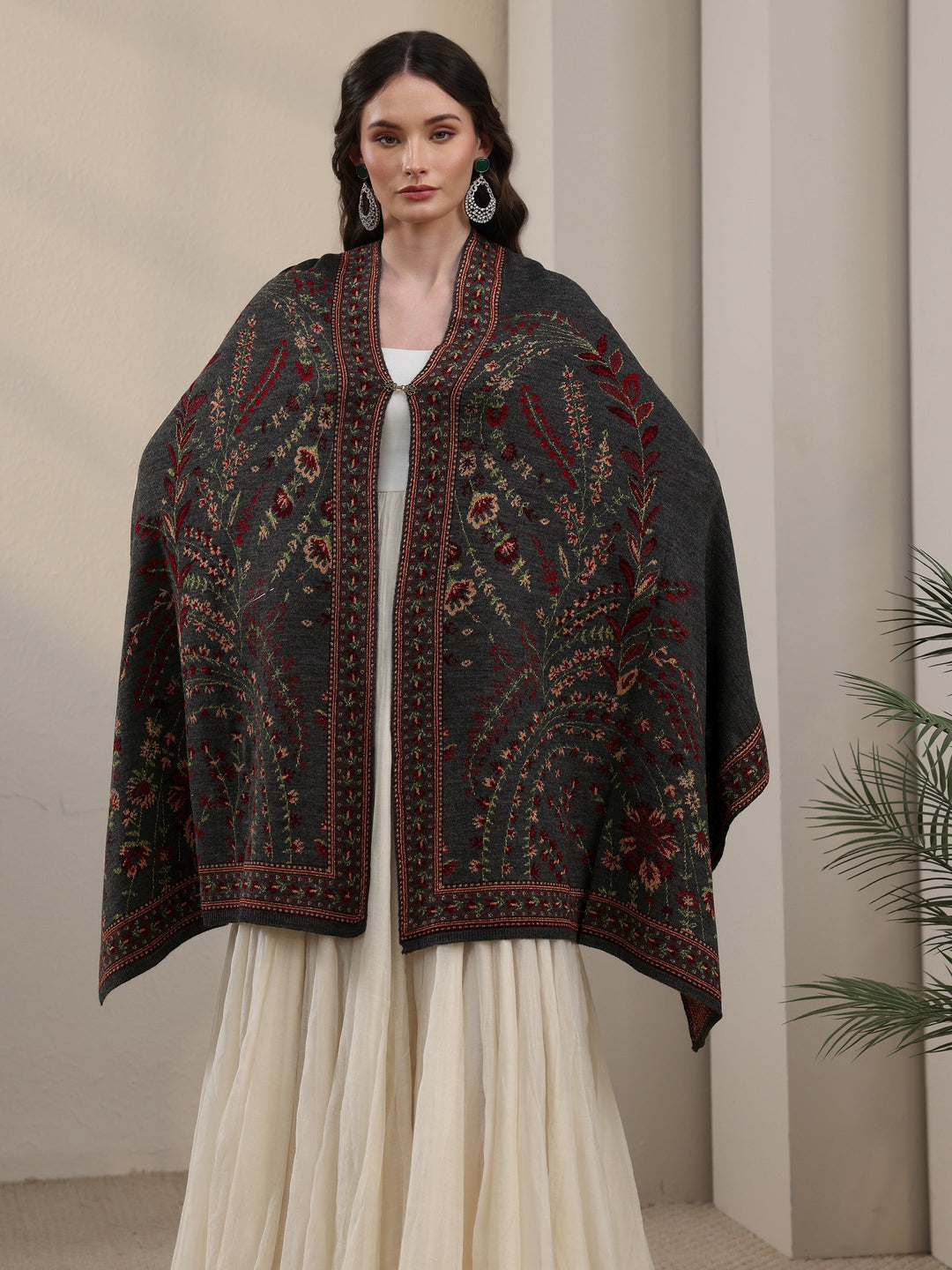 Libas Dark Grey Floral Knitted Acrylic Wrap Shawl