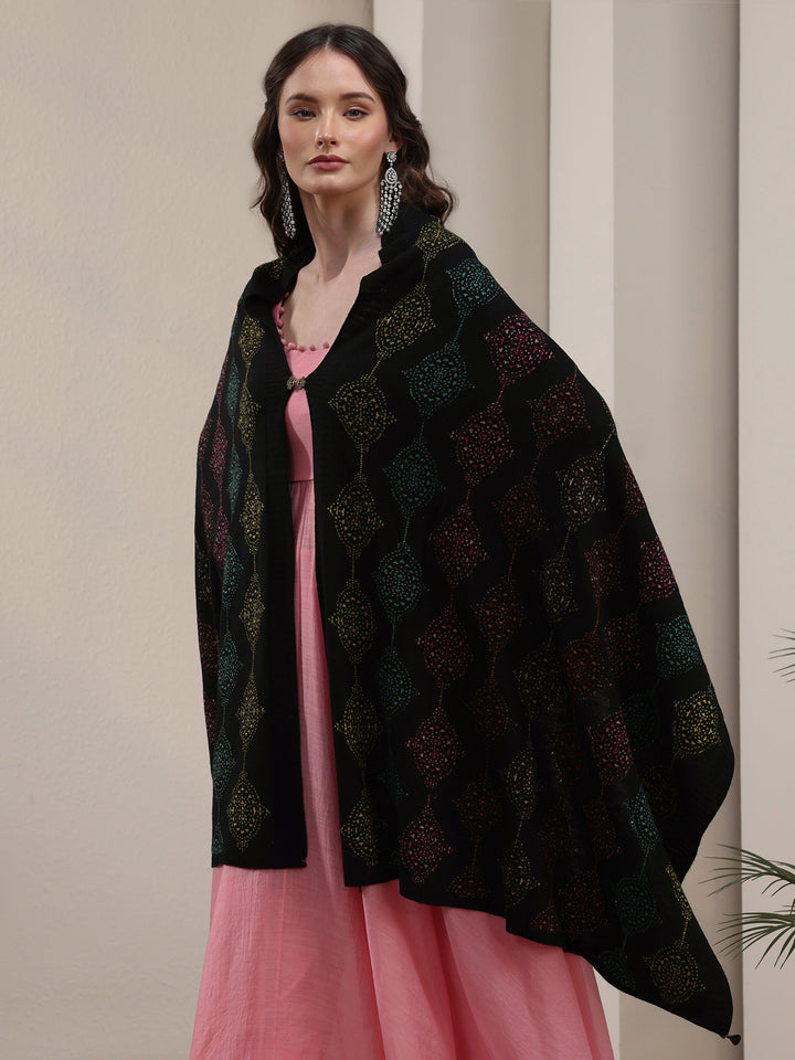 Libas Black Geometric Knitted Acrylic Wrap Shawl