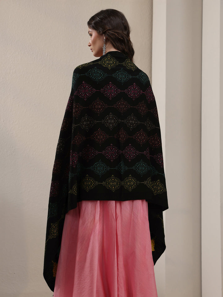 Libas Black Geometric Knitted Acrylic Wrap Shawl