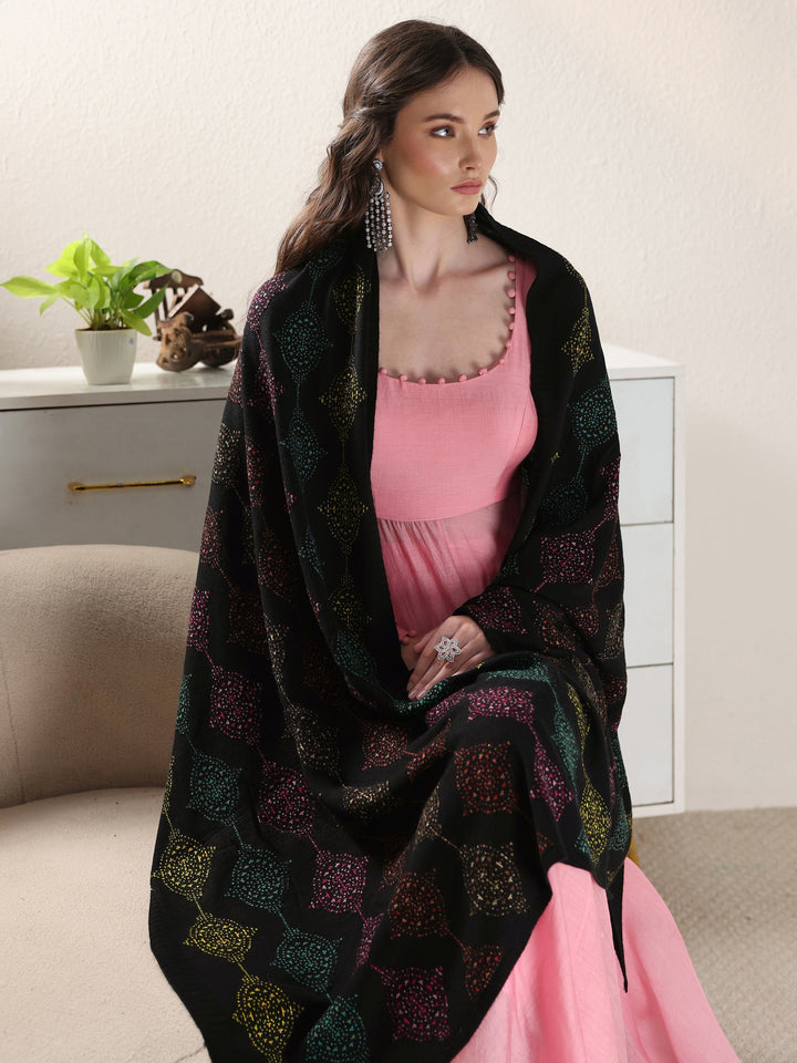 Libas Black Geometric Knitted Acrylic Wrap Shawl