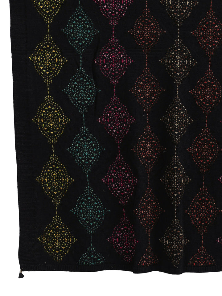 Libas Black Geometric Knitted Acrylic Wrap Shawl