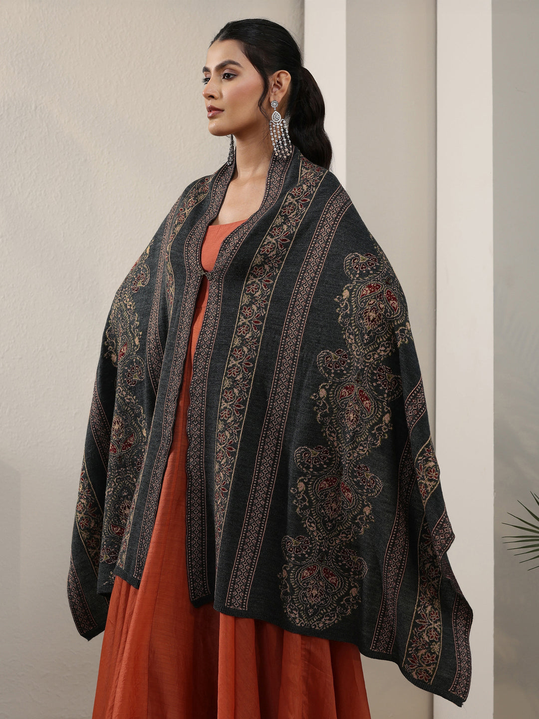 Libas Dark Grey Ethnic Knitted Acrylic Wrap Shawl