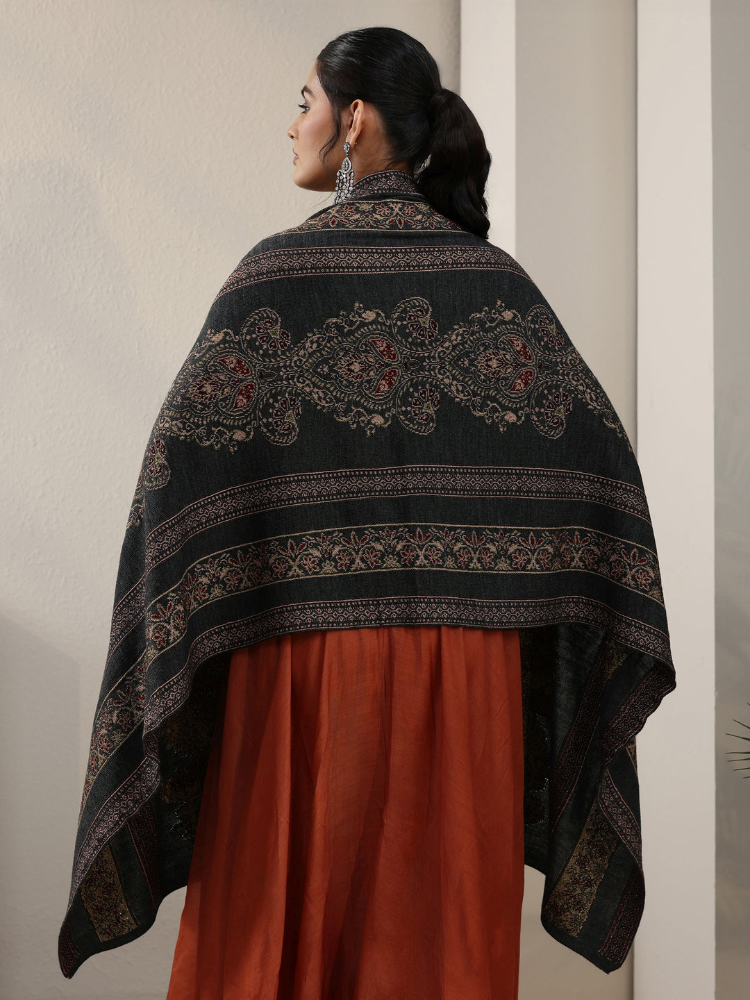 Libas Dark Grey Ethnic Knitted Acrylic Wrap Shawl