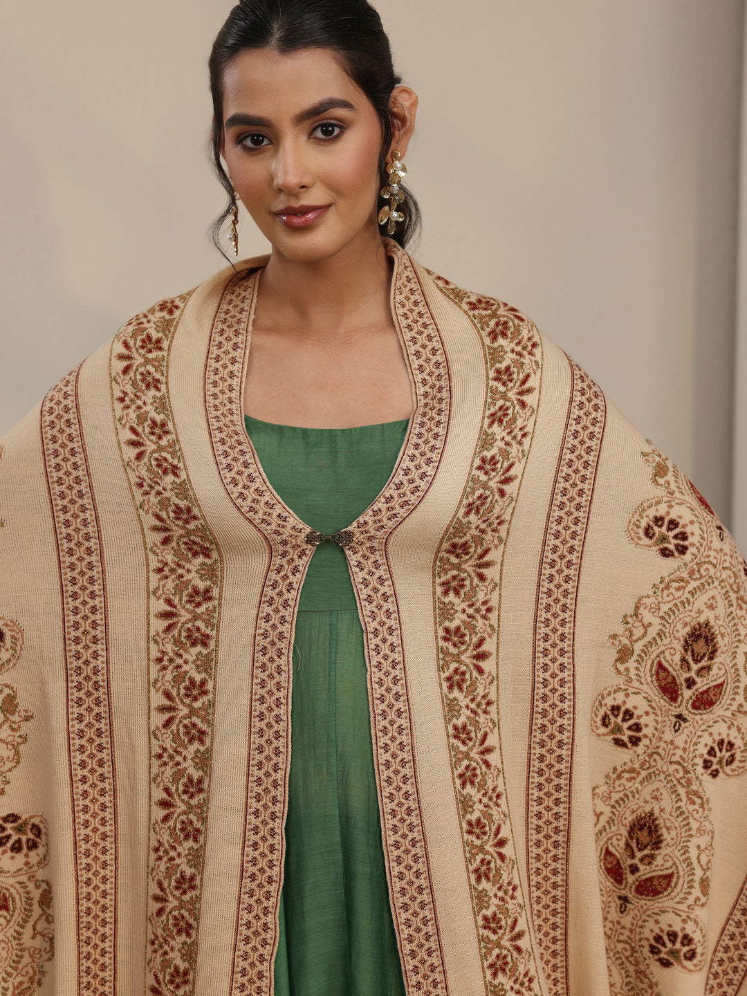 Libas Beige Ethnic Knitted Acrylic Wrap Shawl