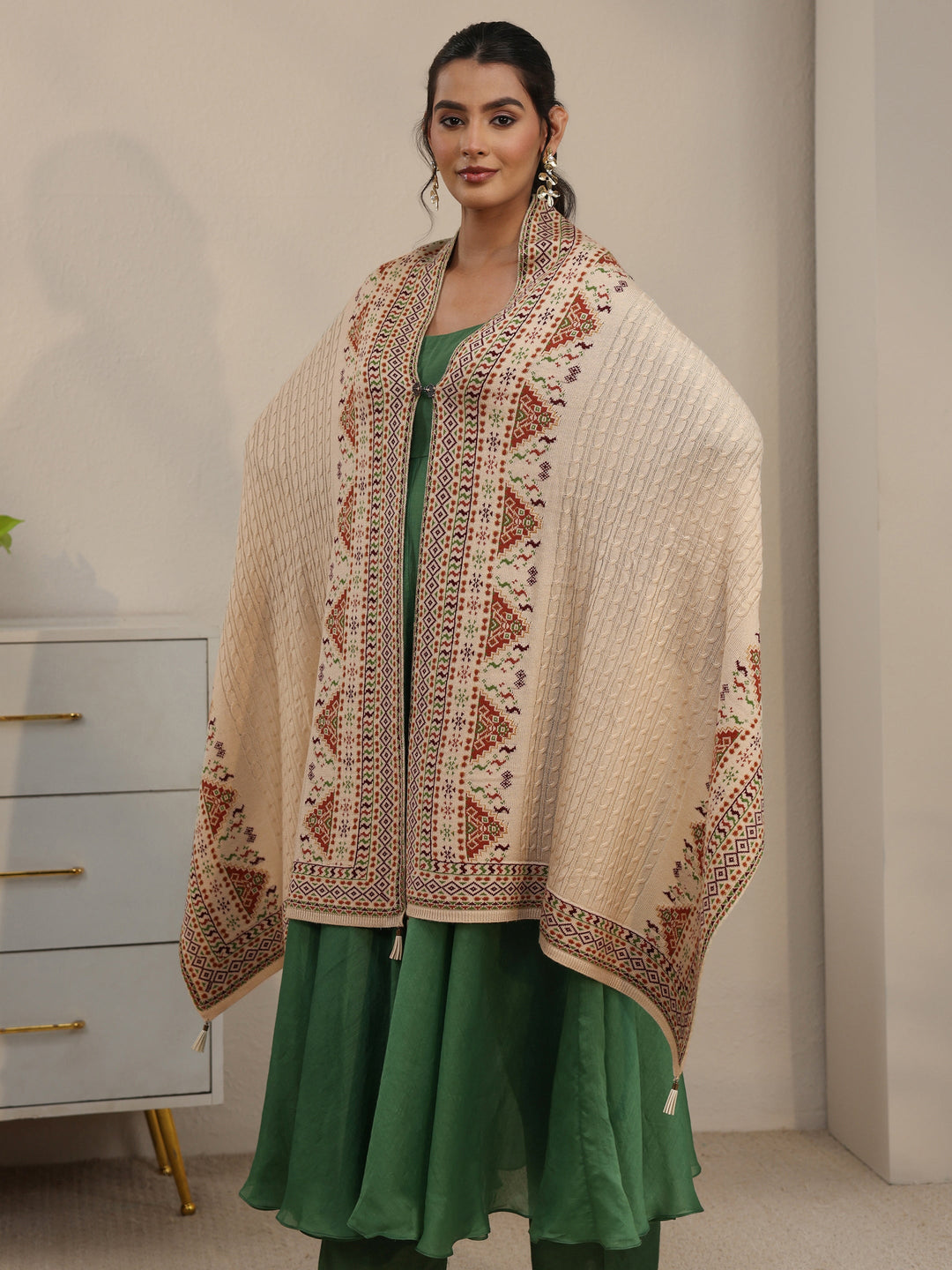 Libas Beige Cable Knit Acrylic Wrap Shawl