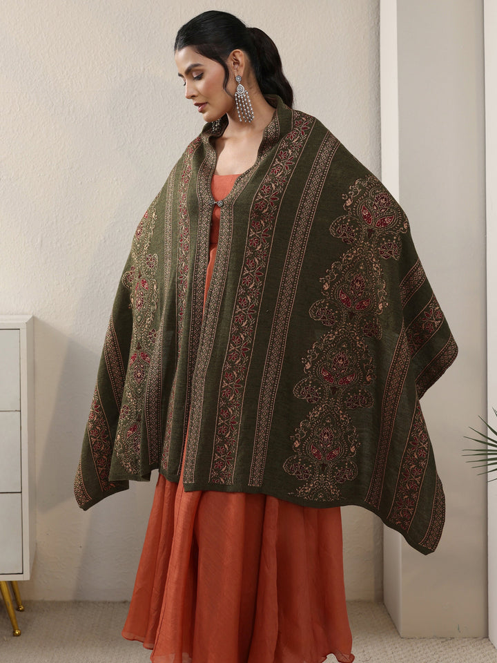 Libas Olive Green Ethnic Knitted Acrylic Wrap Shawl
