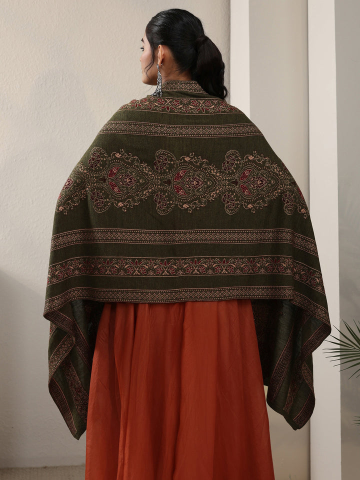 Libas Olive Green Ethnic Knitted Acrylic Wrap Shawl