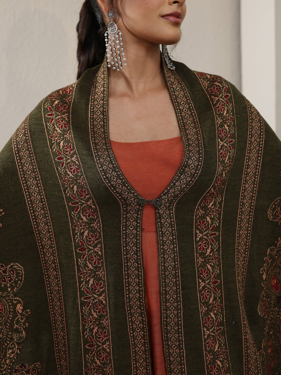 Libas Olive Green Ethnic Knitted Acrylic Wrap Shawl