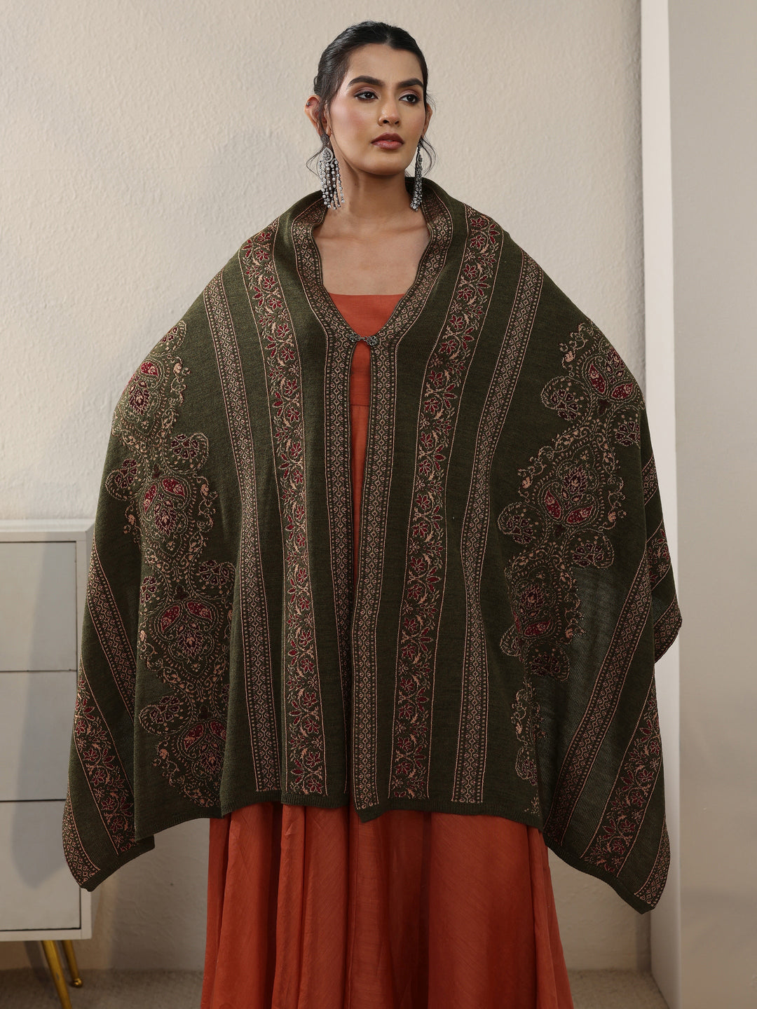 Libas Olive Green Ethnic Knitted Acrylic Wrap Shawl