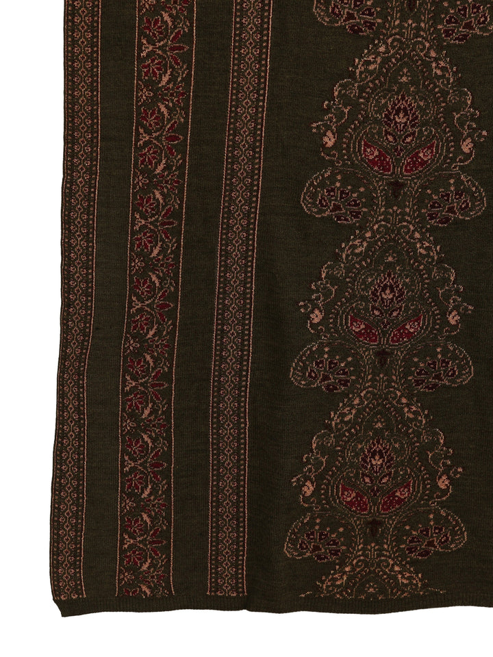 Libas Olive Green Ethnic Knitted Acrylic Wrap Shawl