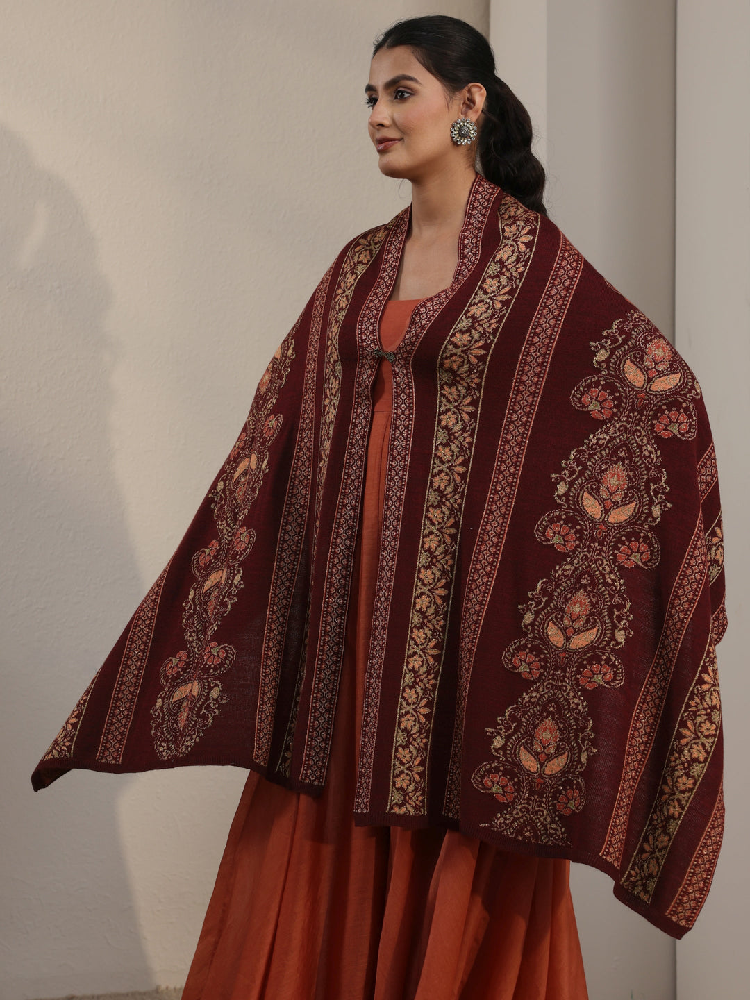 Libas Maroon Ethnic Knitted Acrylic Wrap Shawl