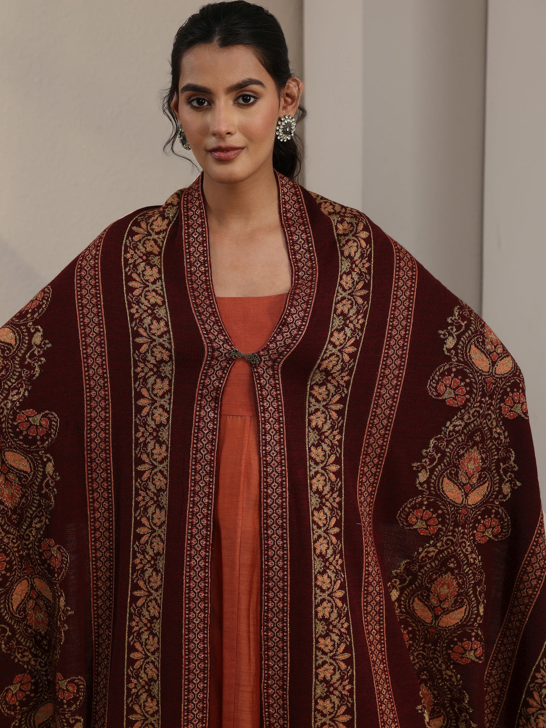 Libas Maroon Ethnic Knitted Acrylic Wrap Shawl