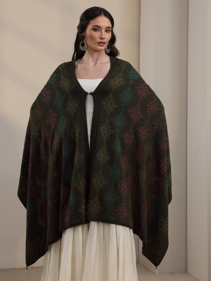 Libas Olive Green Geometric Knitted Acrylic Wrap Shawl
