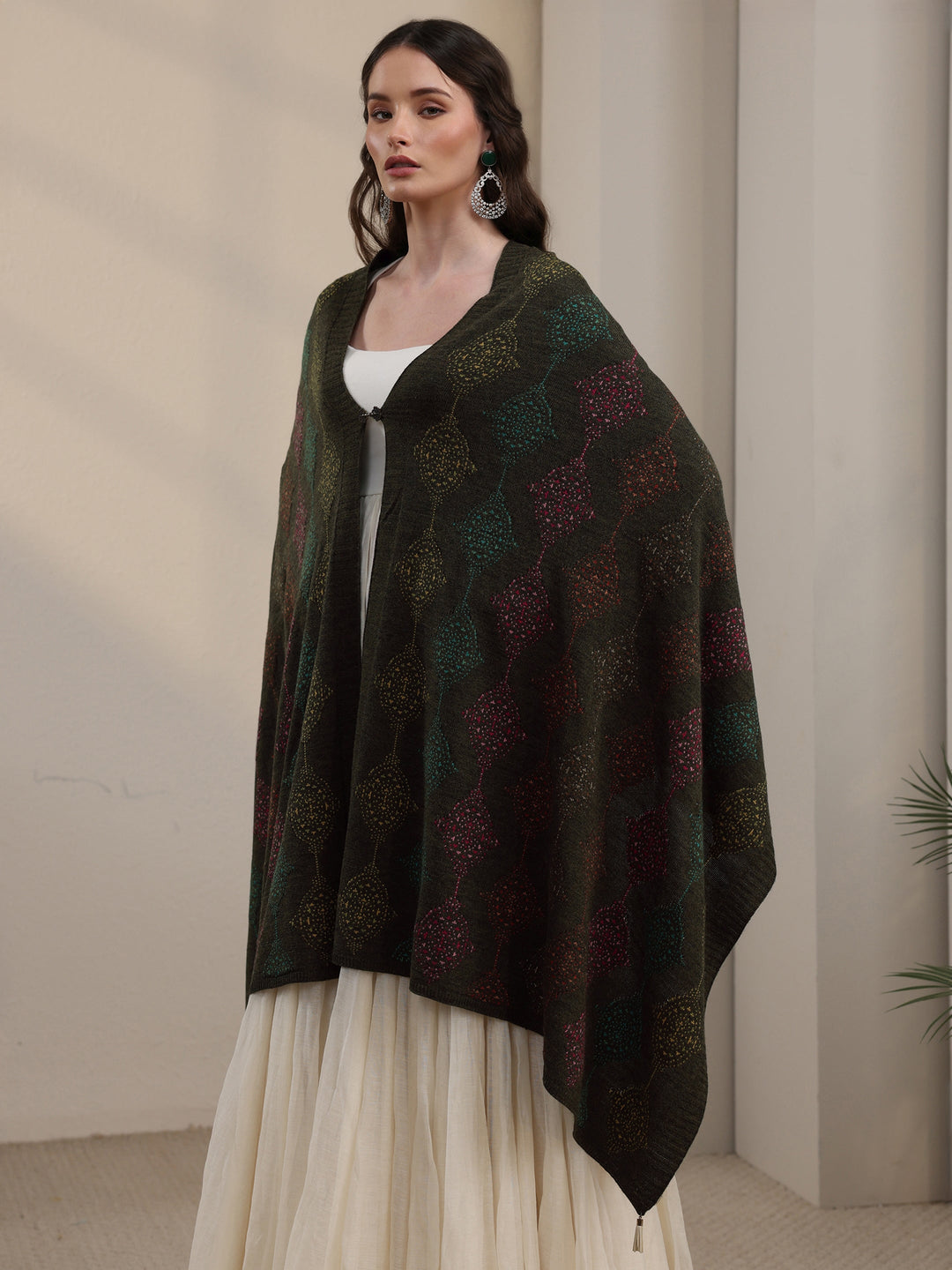 Libas Olive Green Geometric Knitted Acrylic Wrap Shawl