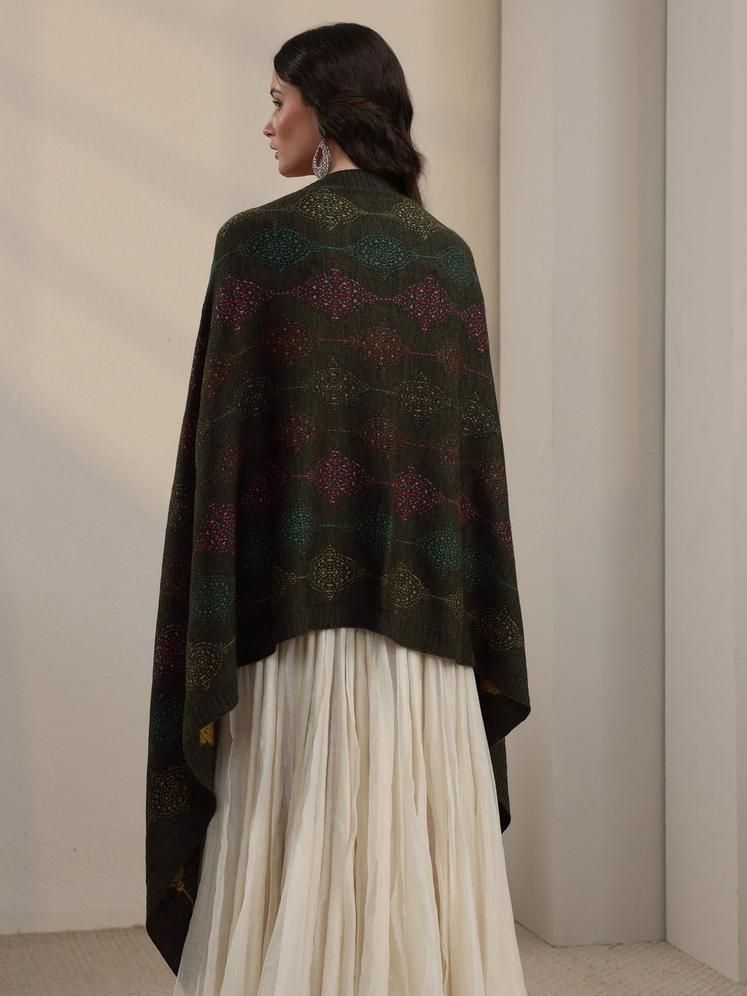 Libas Olive Green Geometric Knitted Acrylic Wrap Shawl