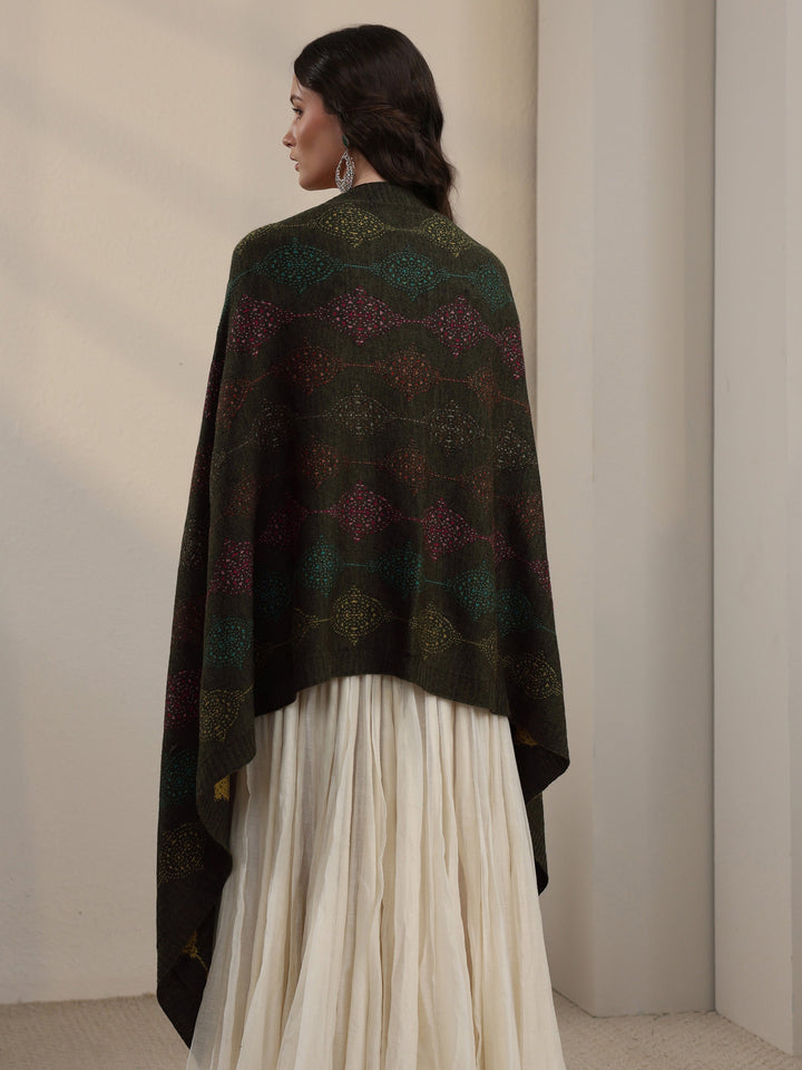 Libas Olive Green Geometric Knitted Acrylic Wrap Shawl