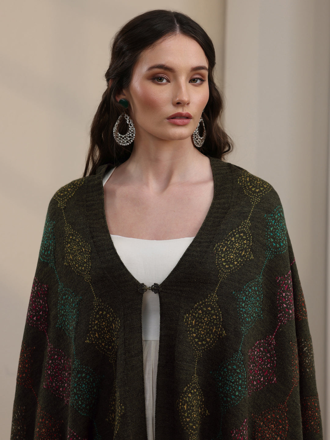 Libas Olive Green Geometric Knitted Acrylic Wrap Shawl