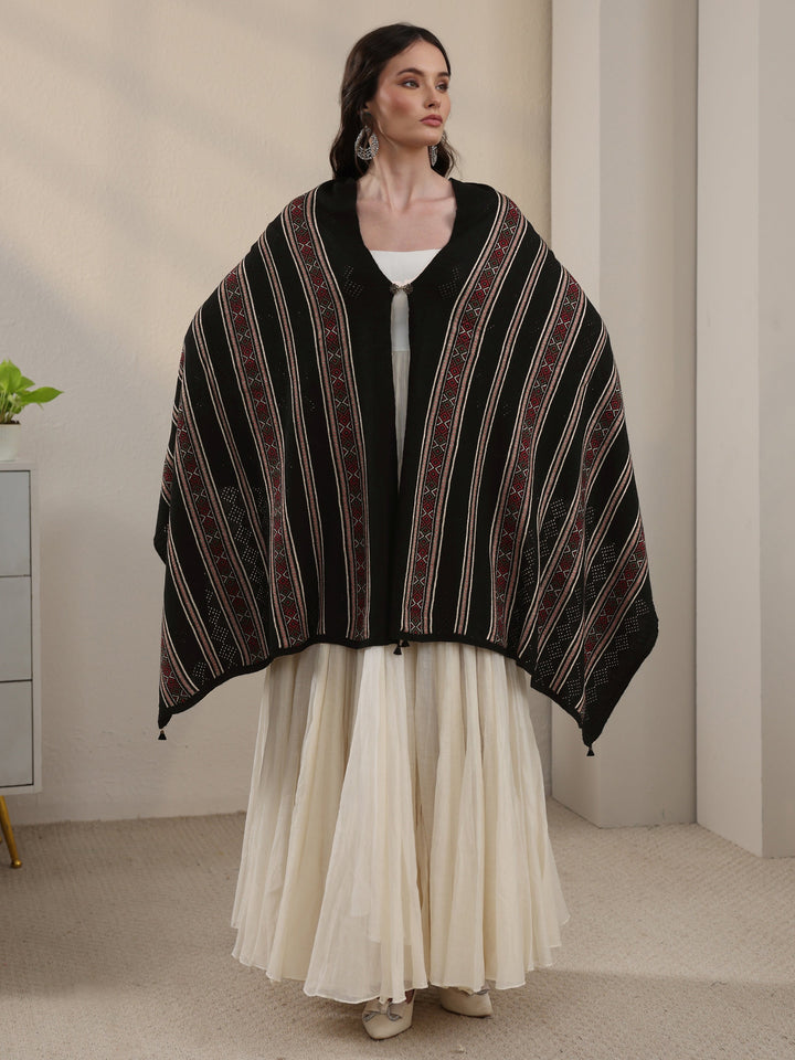 Libas Black Ethnic Striped Knitted Acrylic Wrap Shawl