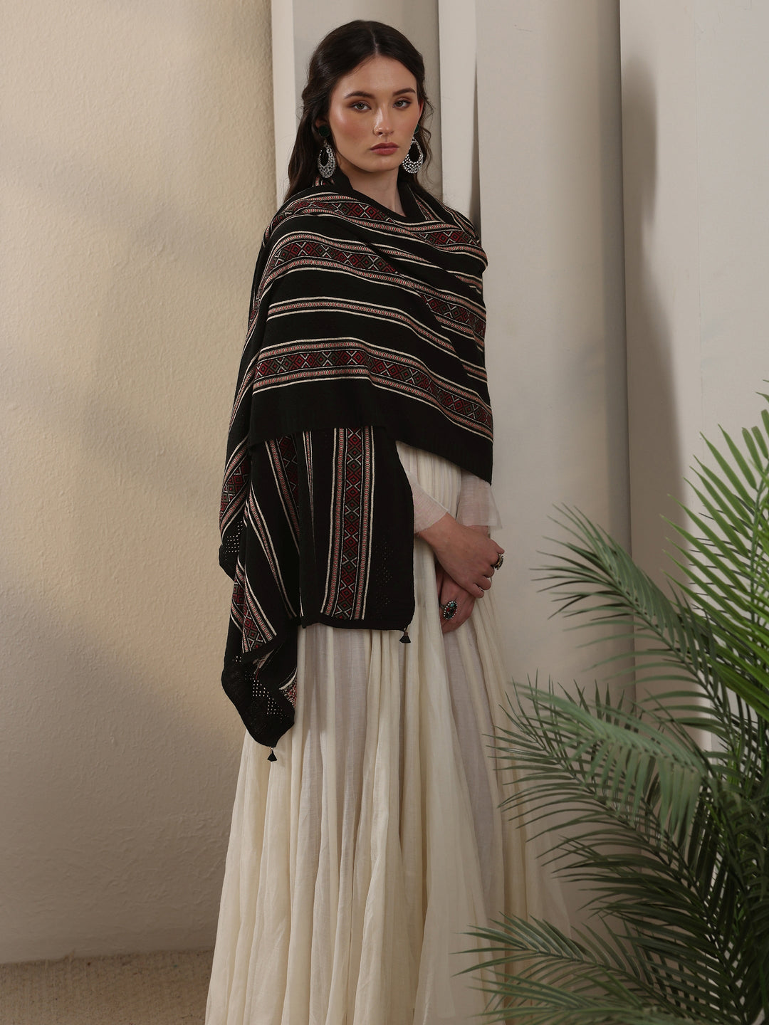 Libas Black Ethnic Striped Knitted Acrylic Wrap Shawl
