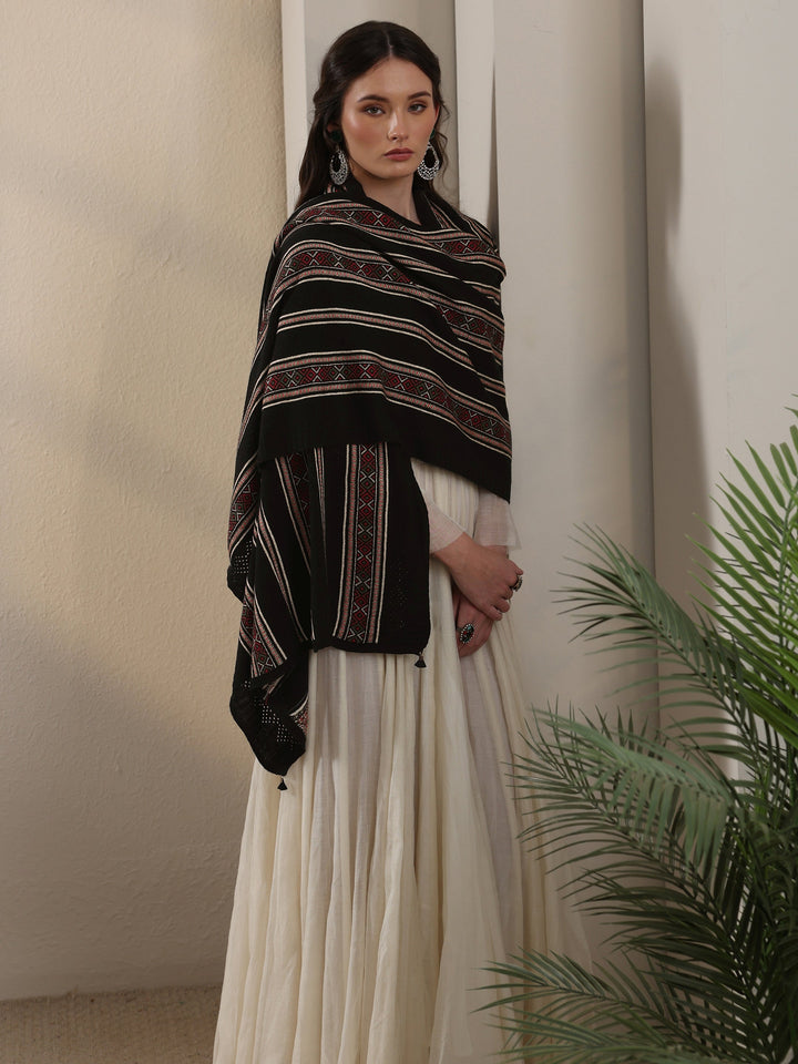 Libas Black Ethnic Striped Knitted Acrylic Wrap Shawl