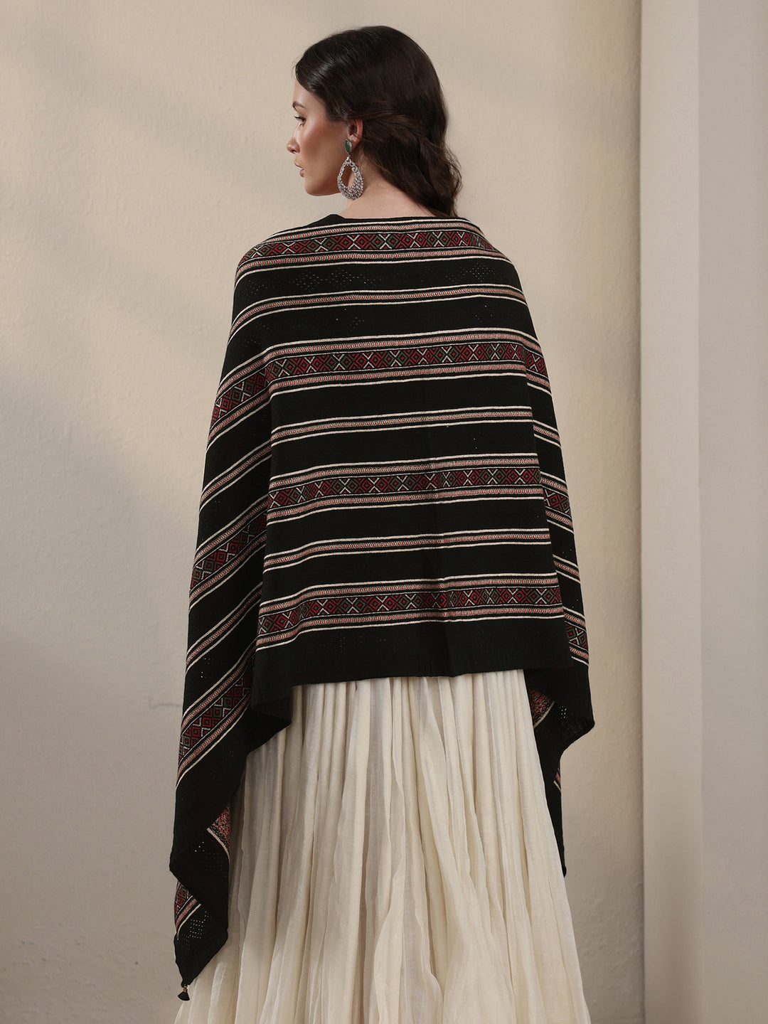 Libas Black Ethnic Striped Knitted Acrylic Wrap Shawl