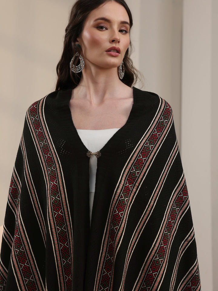 Libas Black Ethnic Striped Knitted Acrylic Wrap Shawl