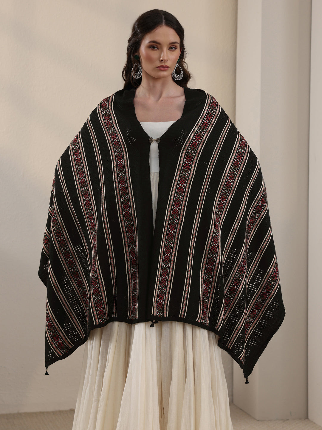 Libas Black Ethnic Striped Knitted Acrylic Wrap Shawl
