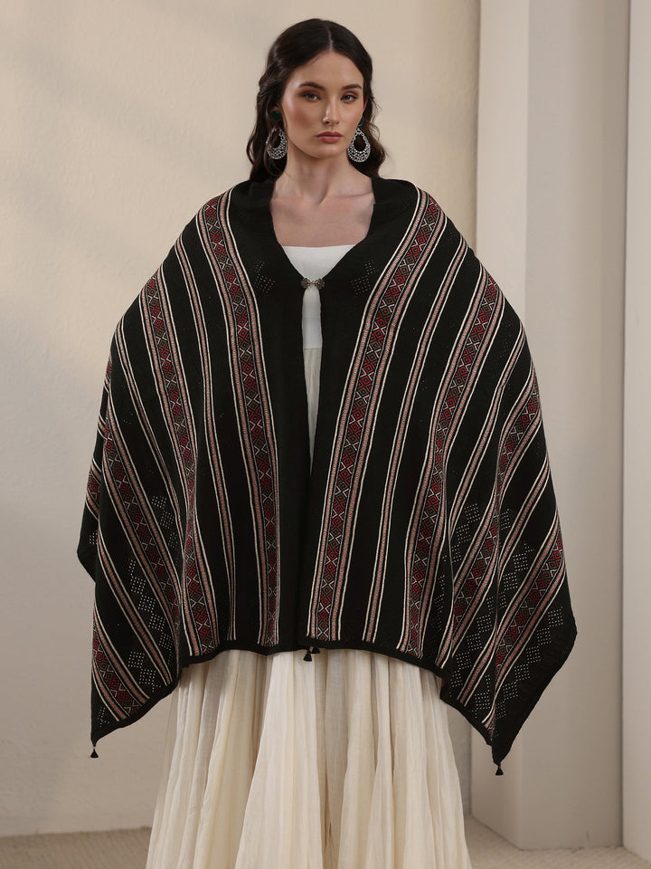 Libas Black Ethnic Striped Knitted Acrylic Wrap Shawl