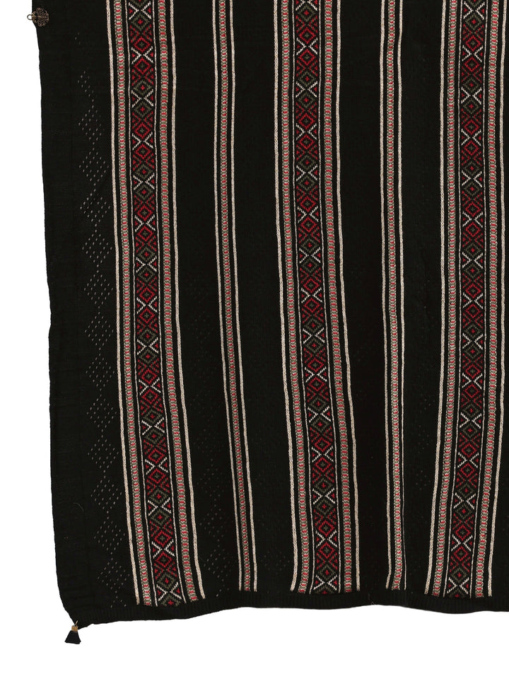 Libas Black Ethnic Striped Knitted Acrylic Wrap Shawl