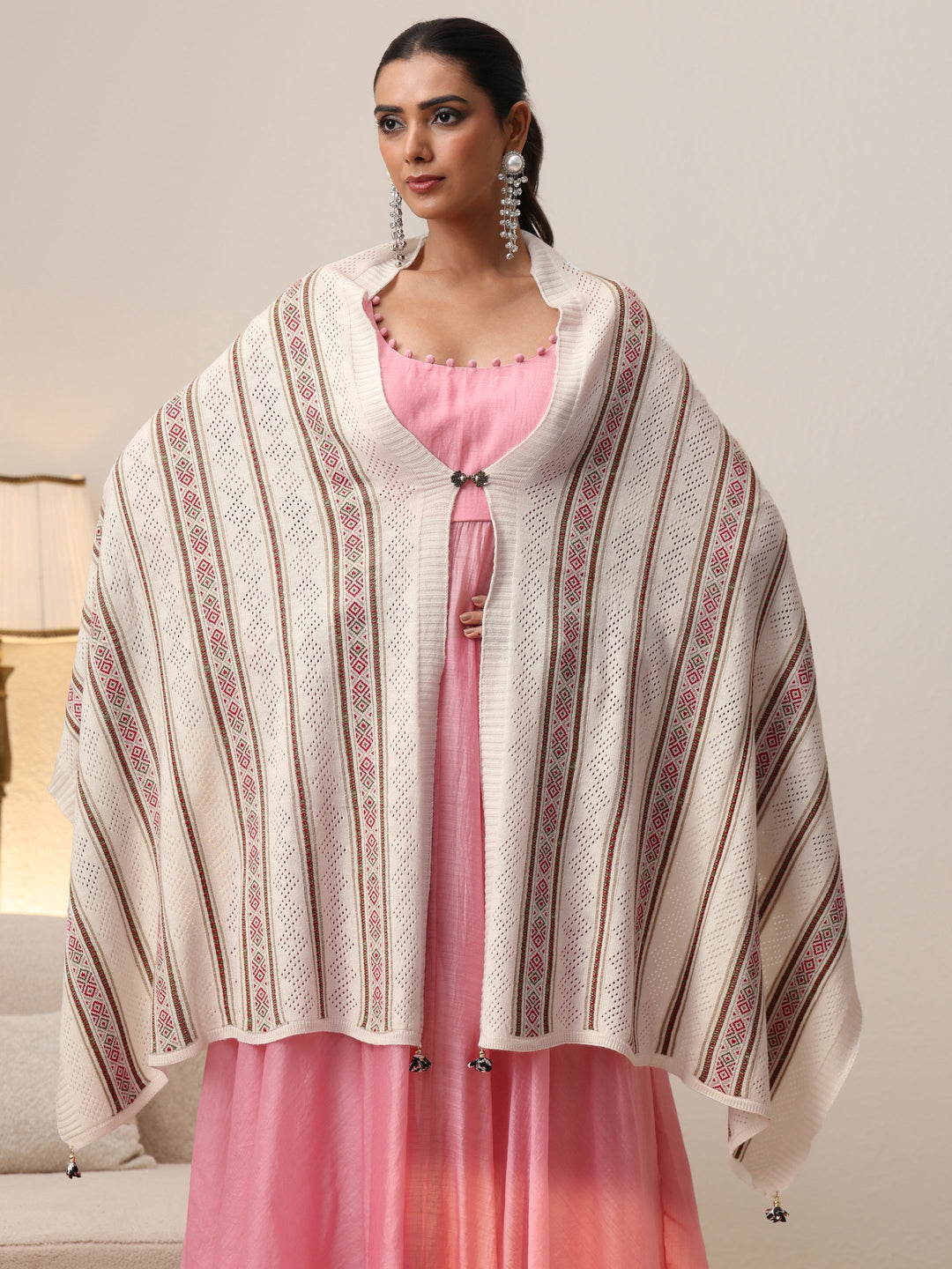 Libas White Striped Knitted Acrylic Wrap Shawl