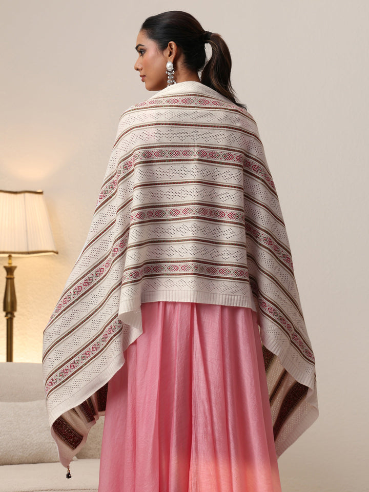 Libas White Striped Knitted Acrylic Wrap Shawl