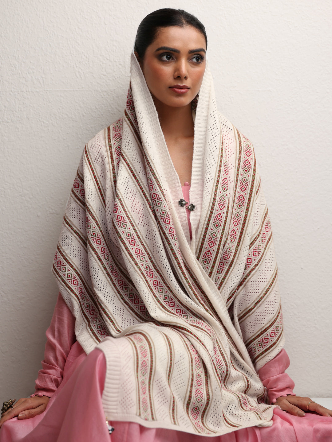 Libas White Striped Knitted Acrylic Wrap Shawl