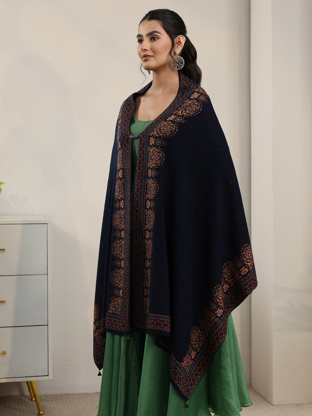 Libas Navy Blue Ethnic Knitted Acrylic Wrap Shawl
