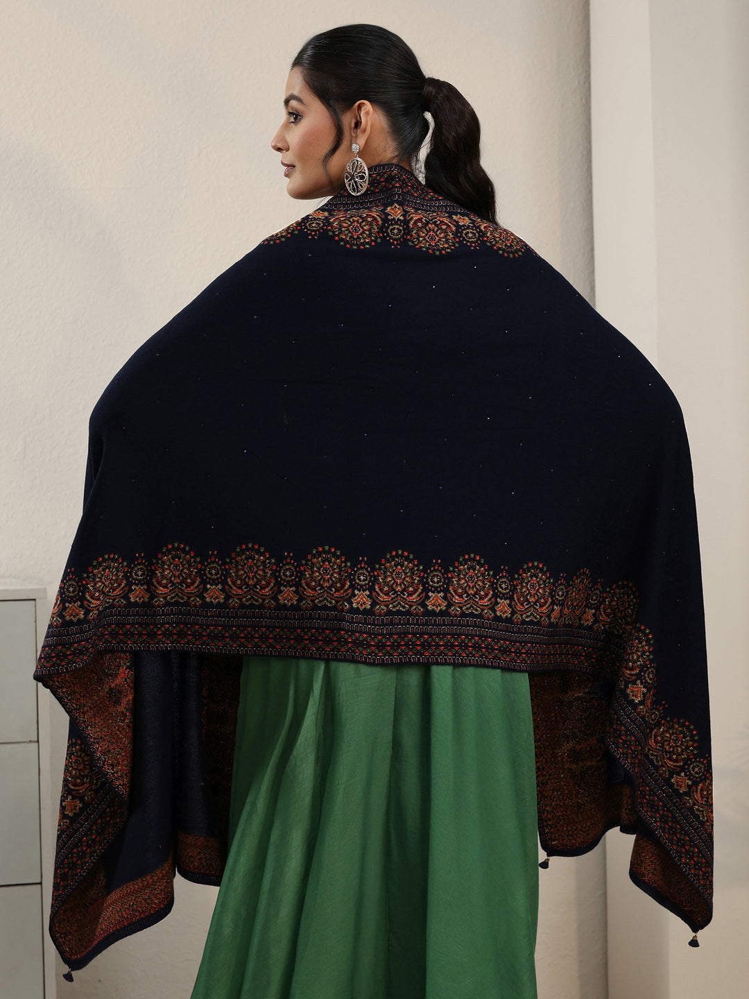 Libas Navy Blue Ethnic Knitted Acrylic Wrap Shawl