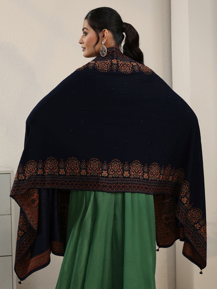 Libas Navy Blue Ethnic Knitted Acrylic Wrap Shawl