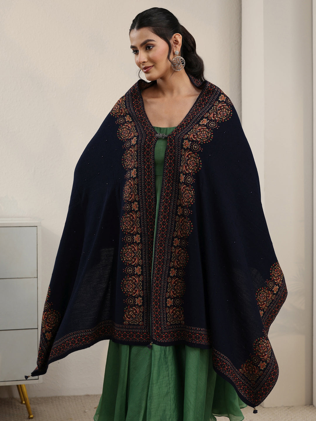Libas Navy Blue Ethnic Knitted Acrylic Wrap Shawl