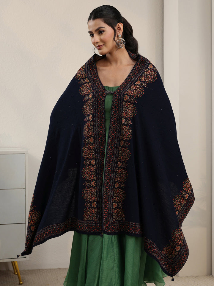 Libas Navy Blue Ethnic Knitted Acrylic Wrap Shawl