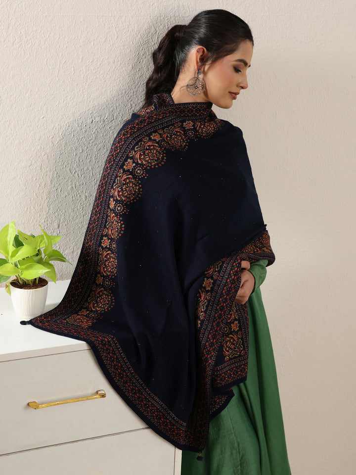 Libas Navy Blue Ethnic Knitted Acrylic Wrap Shawl