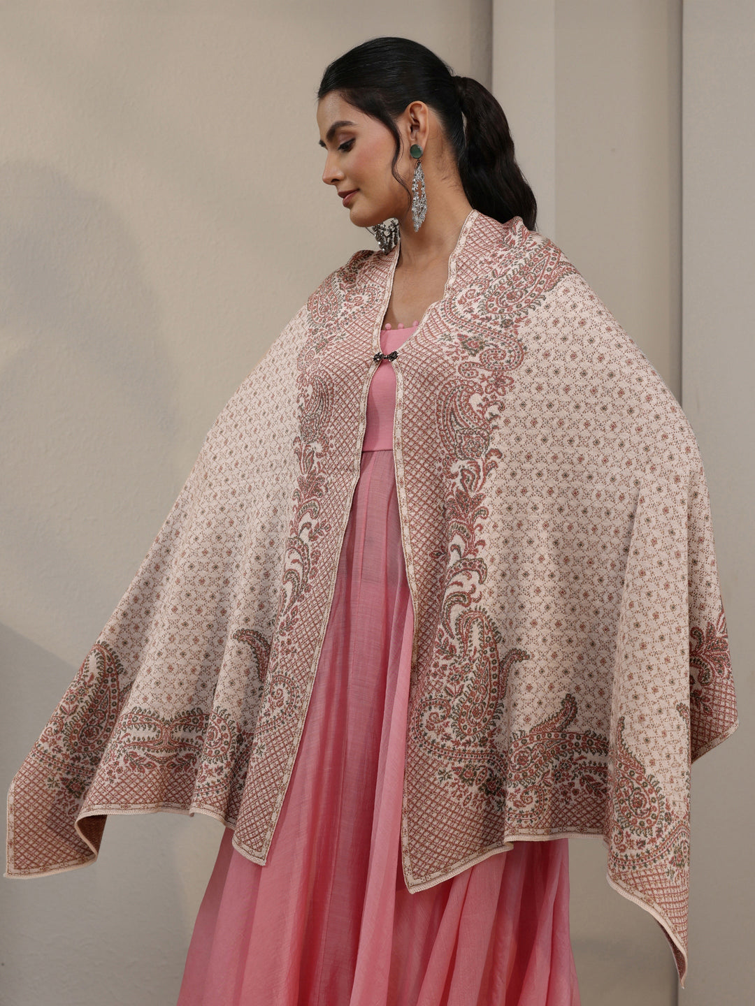 Libas Off White Paisley Knitted Acrylic Wrap Shawl
