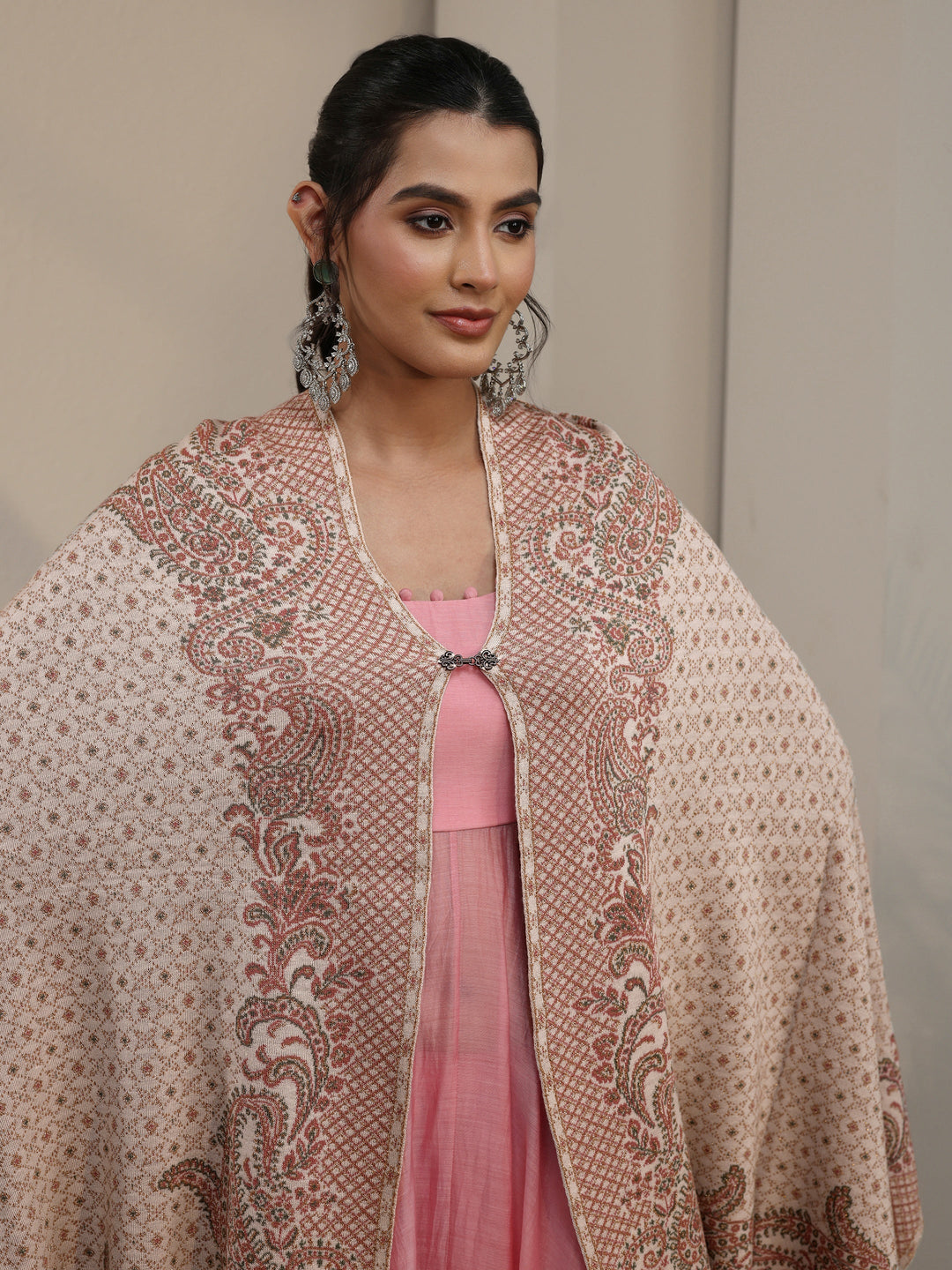 Libas Off White Paisley Knitted Acrylic Wrap Shawl