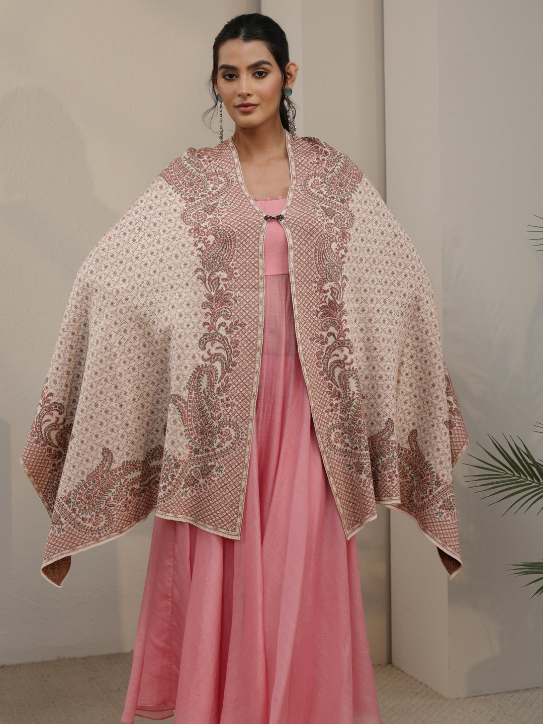 Libas Off White Paisley Knitted Acrylic Wrap Shawl