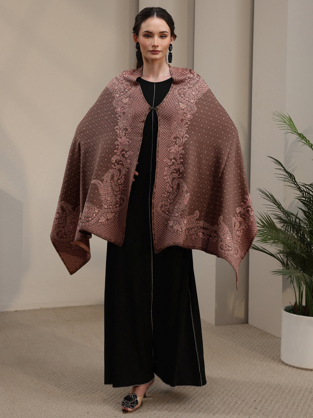 Libas Brown Paisley Knitted Acrylic Wrap Shawl